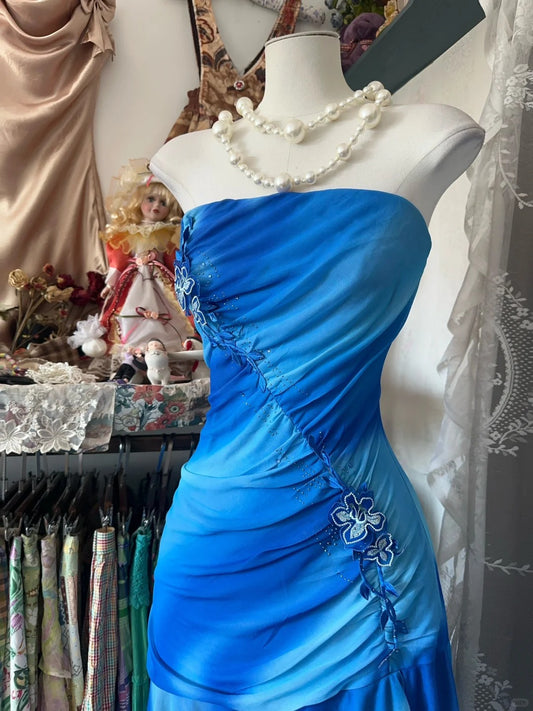 Gorgeous Strapless Blue Mermaid Chiffon Short Evening Gowns RF0637