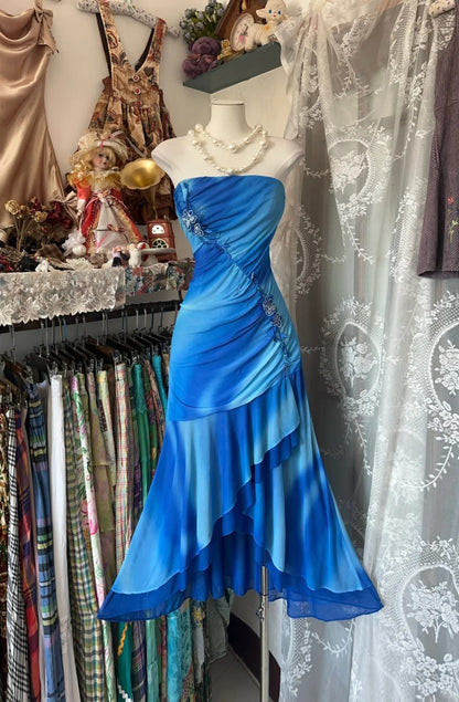 Gorgeous Strapless Blue Mermaid Chiffon Short Evening Gowns RF0637