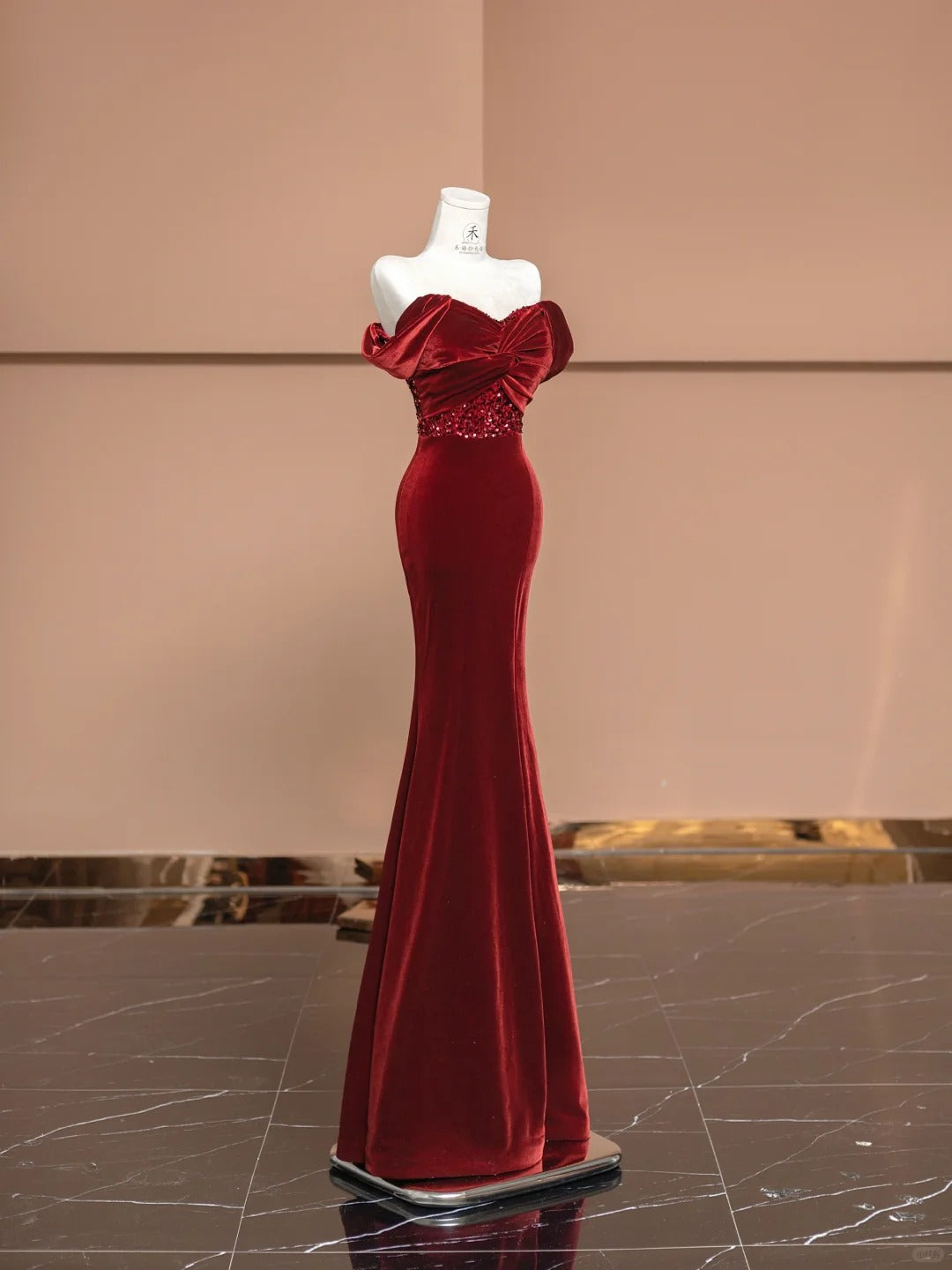 Elegant Burgundy Off-the-shoulder Mermaid Velvet Long Prom Dresses Formal Evening Gowns with Slits RF0639
