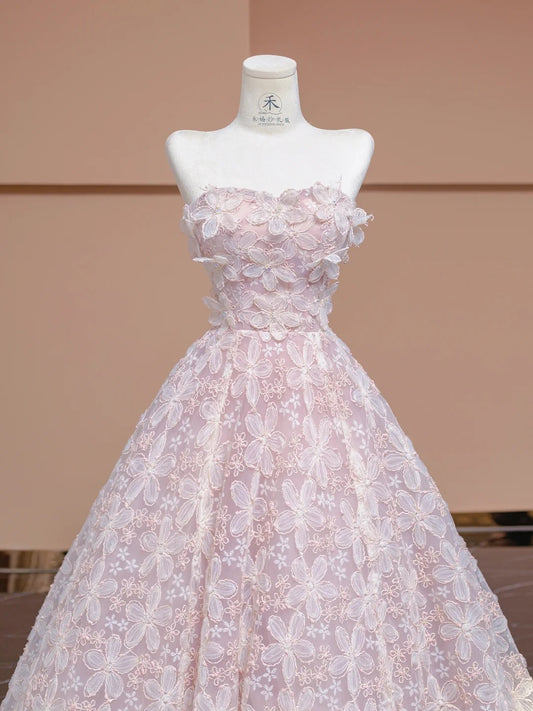 Sweet Pink A-Line Tulle Strapless Sequined Train Wedding Dress with Appliques RF0640