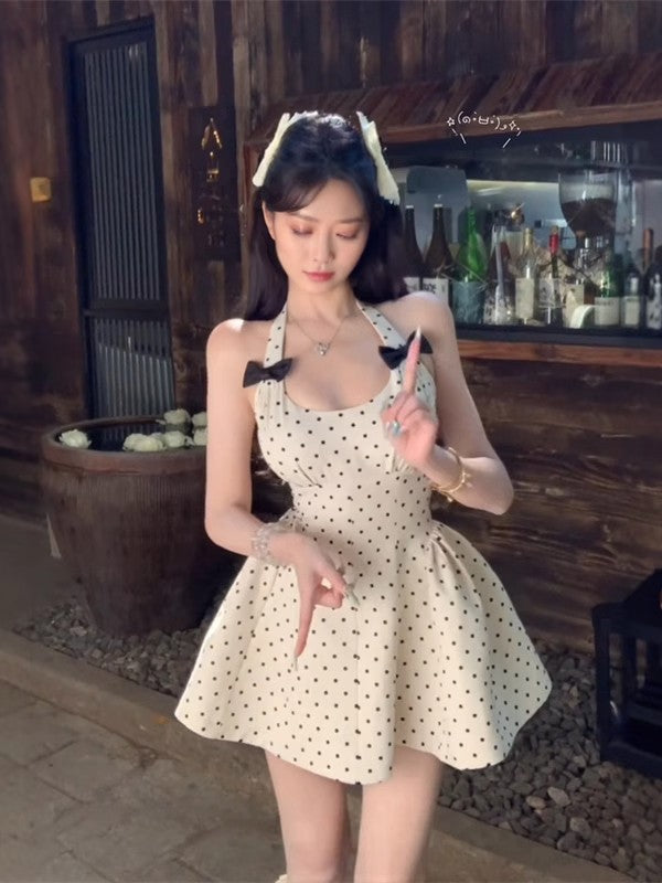 Cute Polka Dot Halter Neck Short A-Line Summer Dress RF0641