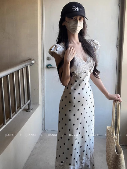 French Sexy Satin Lace Splicing Polka Dot V-Neck Dress RF0642