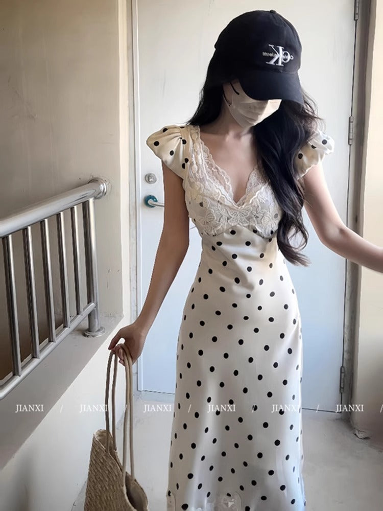 French Sexy Satin Lace Splicing Polka Dot V-Neck Dress RF0642