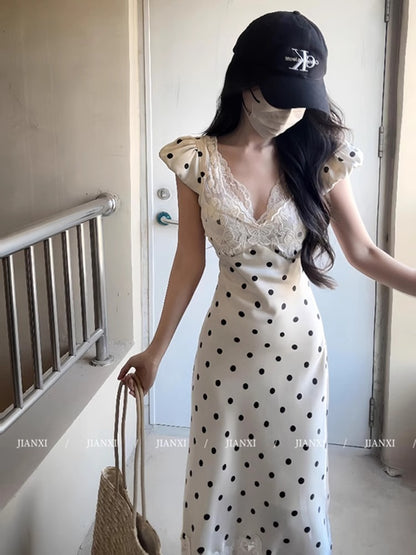 French Sexy Satin Lace Splicing Polka Dot V-Neck Dress RF0642