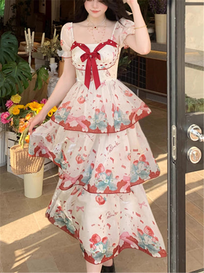 Sweet Square Neck Printed Chiffon Dress RF0645