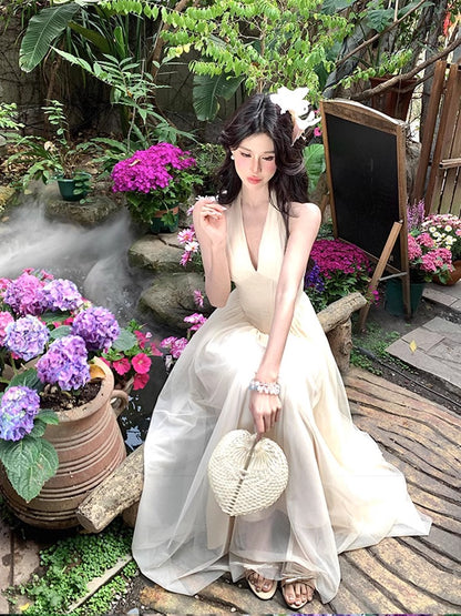 Elegant Apricot V-Neck Chiffon Summer Dress RF0646