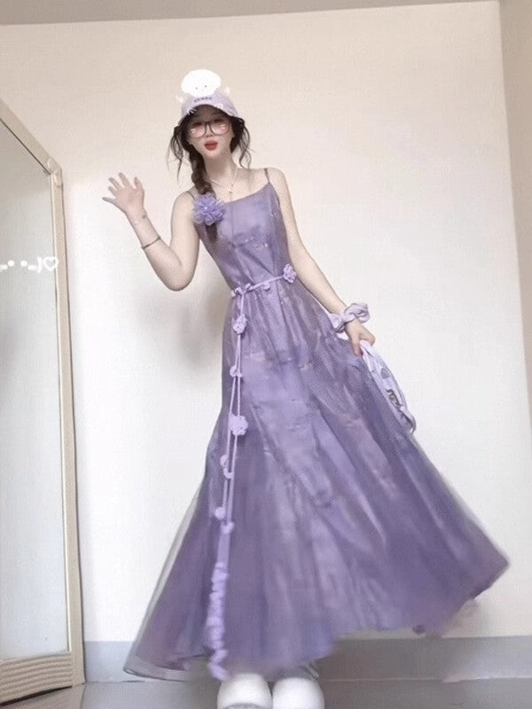 Sweet Purple Square Neck Spaghetti Strap Tulle Dress RF0647