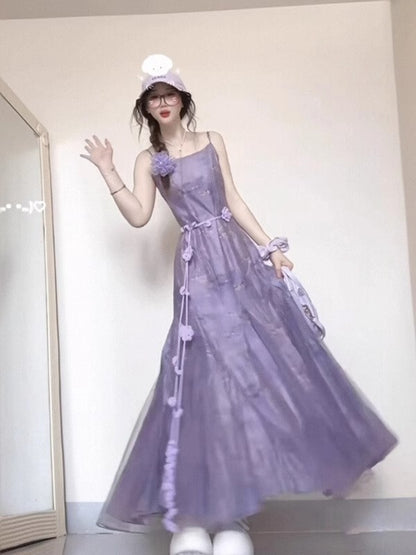 Sweet Purple Square Neck Spaghetti Strap Tulle Dress RF0647