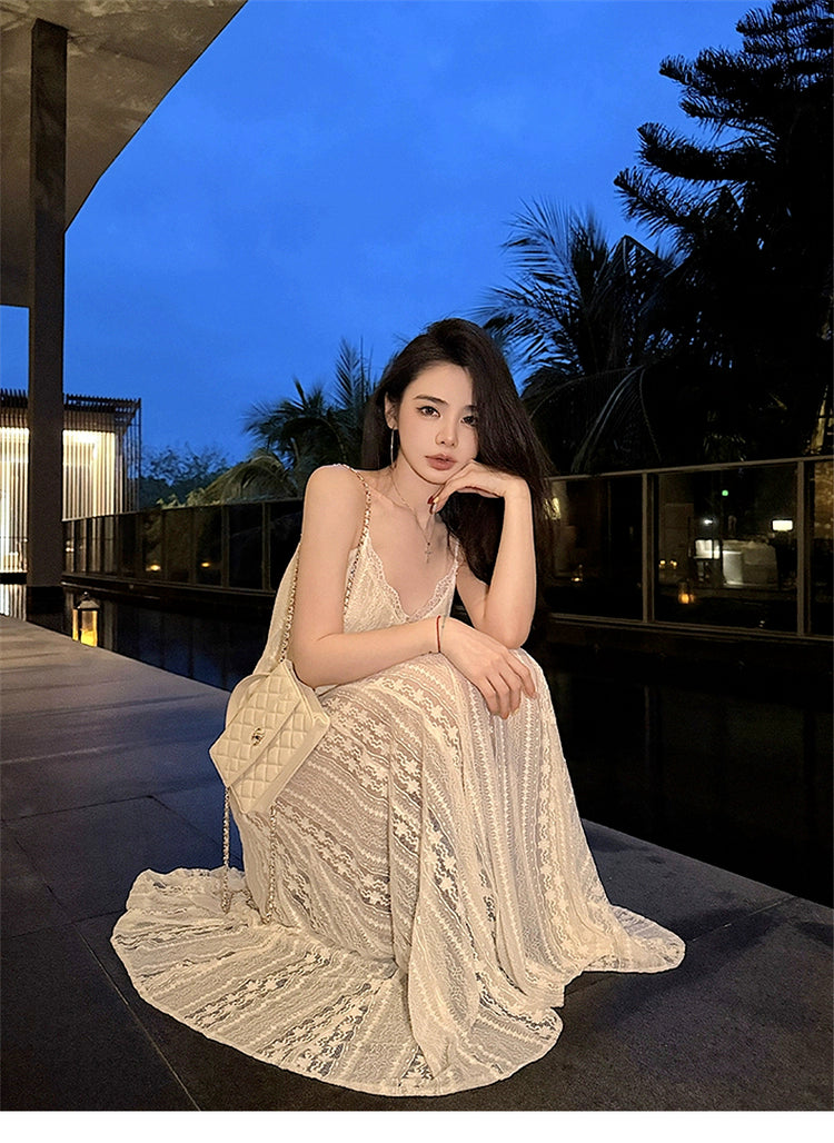 Elegant White Spaghetti Strap V Neck Lace Summer Dress RF0648