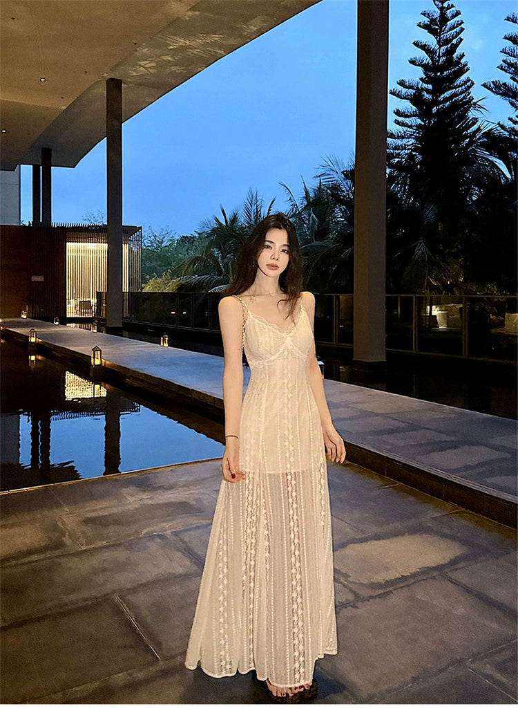 Elegant White Spaghetti Strap V Neck Lace Summer Dress RF0648