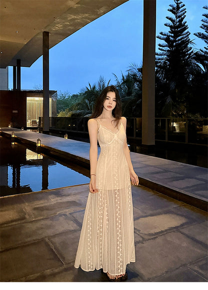 Elegant White Spaghetti Strap V Neck Lace Summer Dress RF0648