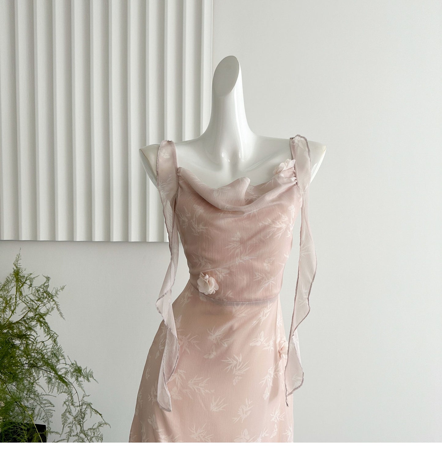 Stunning Dusty Pink Straps Printed Chiffon Sheath Dress RF0650