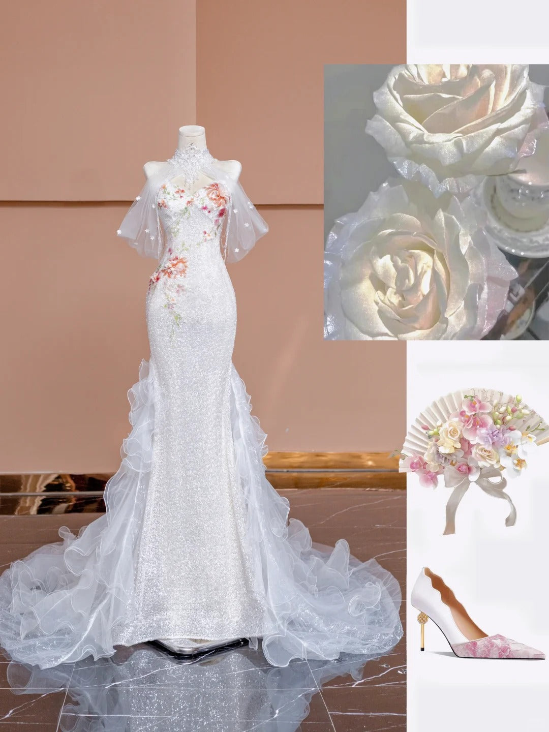 Gorgeous White Sweetheart Mermaid Tulle Sequin Train Wedding Dress RF0651
