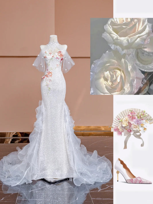 Gorgeous White Sweetheart Mermaid Tulle Sequin Train Wedding Dress RF0651