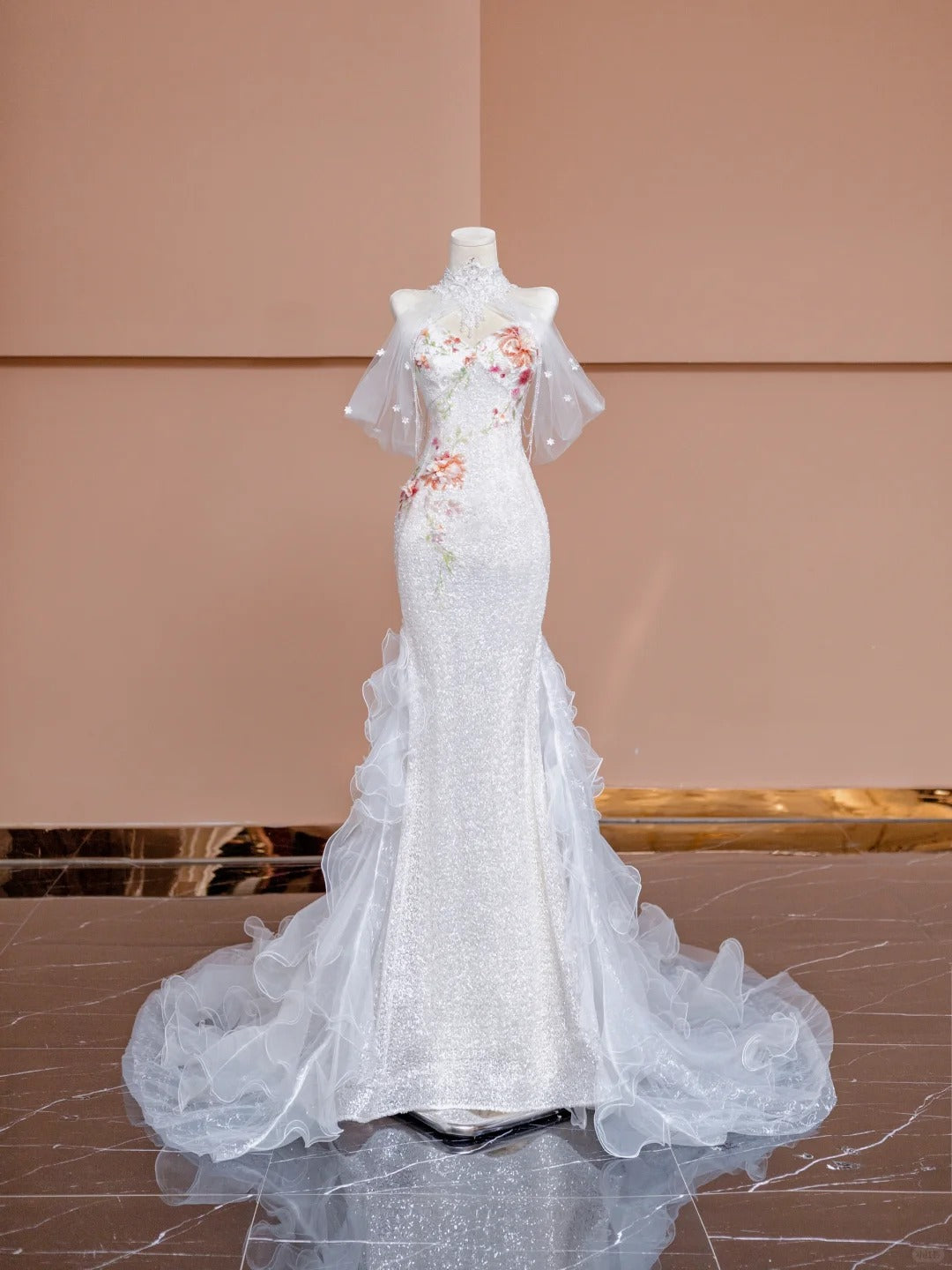 Gorgeous White Sweetheart Mermaid Tulle Sequin Train Wedding Dress RF0651