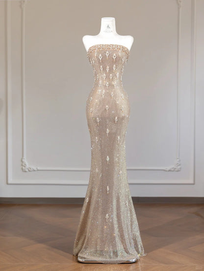 Elegant Yellow Strapless Lace Mermaid Beaded Formal Evening Dress RF0652