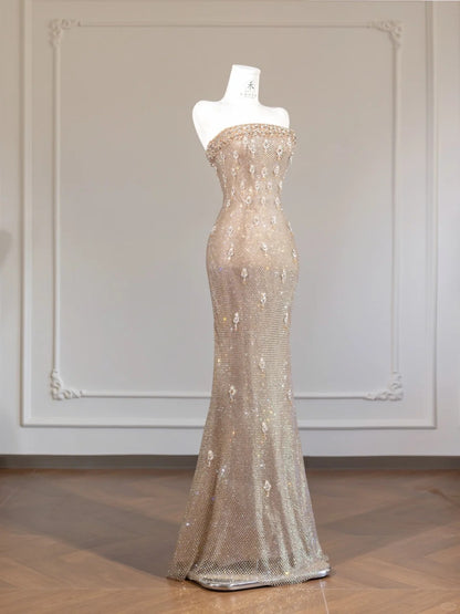 Elegant Yellow Strapless Lace Mermaid Beaded Formal Evening Dress RF0652