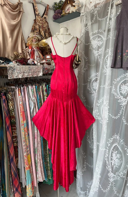 Glam Red Spaghetti Strap Hi-Lo Mermaid Satin Prom Dresses Formal Evening Gowns RF0653