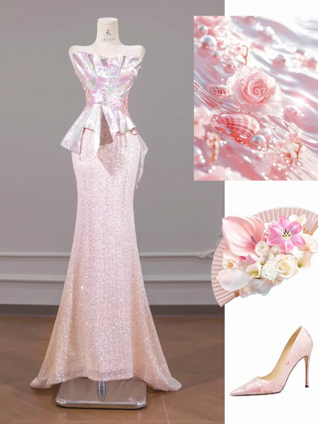 Gorgeous Pink Strapless Tulle Sequin Mermaid Satin Prom Dresses Formal Evening Gowns RF0654
