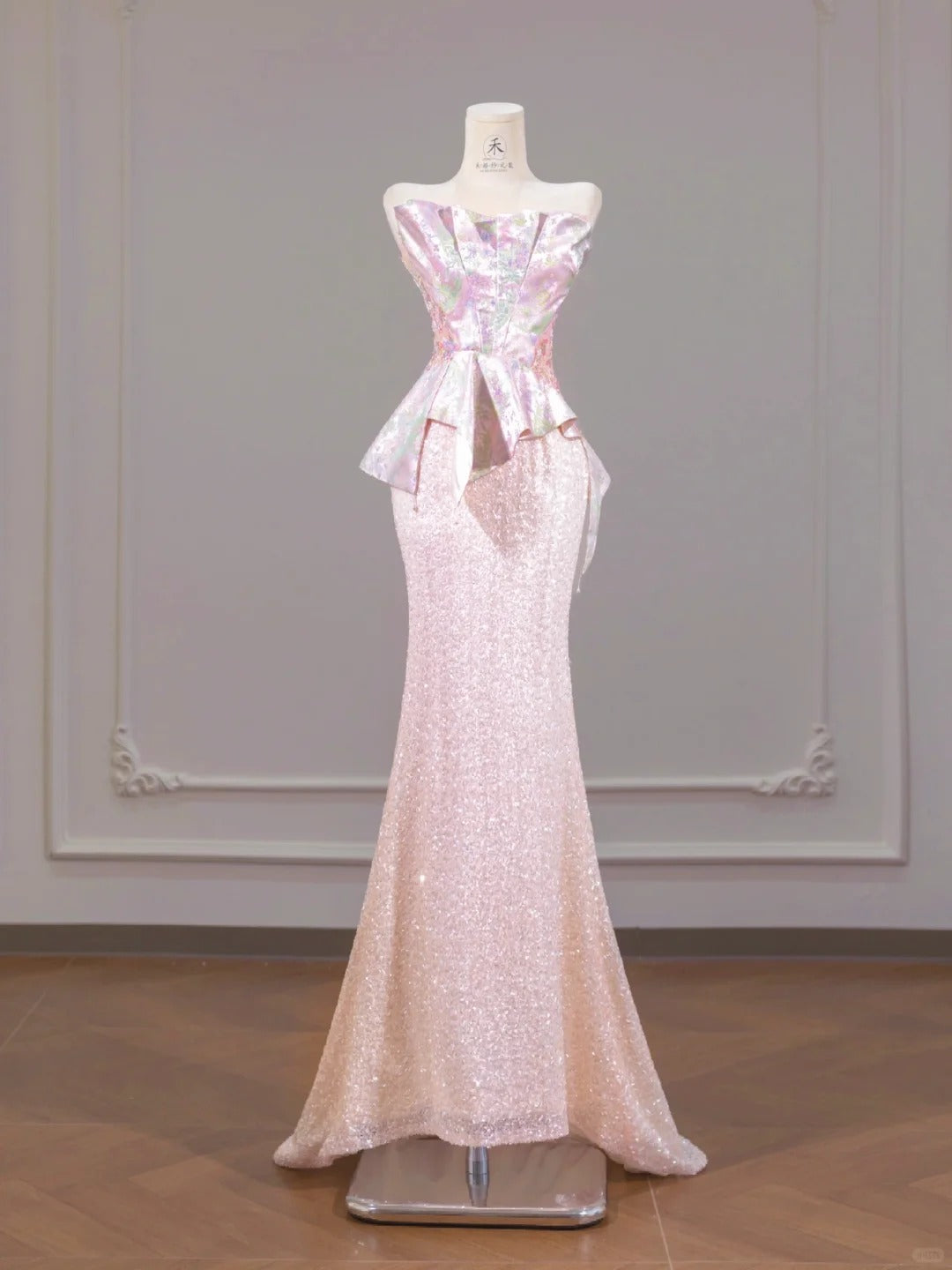 Gorgeous Pink Strapless Tulle Sequin Mermaid Satin Prom Dresses Formal Evening Gowns RF0654
