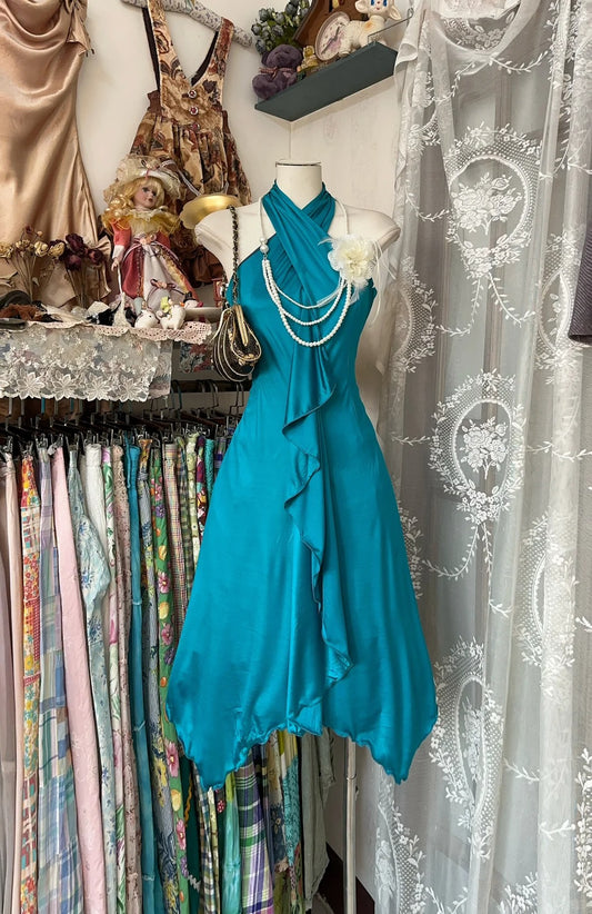 Elegant Teal Satin Halter Collar A-Line Short Prom Dresses Simple Evening Gowns RF0658