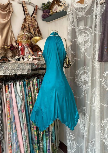 Elegant Teal Satin Halter Collar A-Line Short Prom Dresses Simple Evening Gowns RF0658