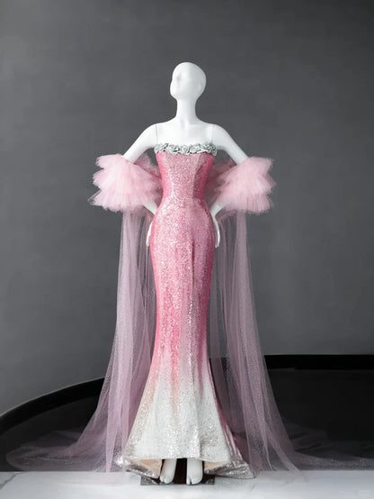 Gorgeous Pink Strapless Mermaid Sequin Long Prom Dresses Formal Evening Gowns RF0659