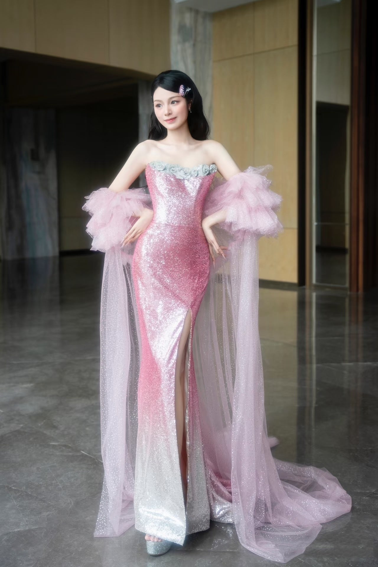 Gorgeous Pink Strapless Mermaid Sequin Long Prom Dresses Formal Evening Gowns RF0659