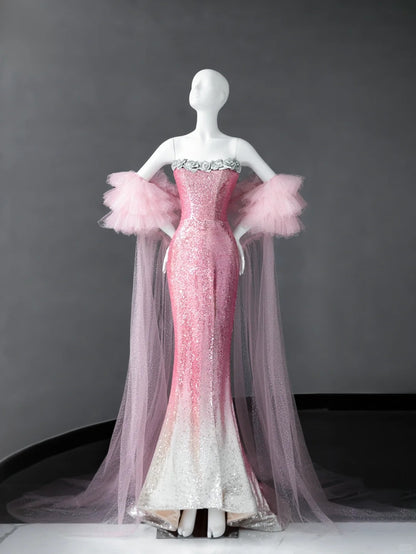 Gorgeous Pink Strapless Mermaid Sequin Long Prom Dresses Formal Evening Gowns RF0659