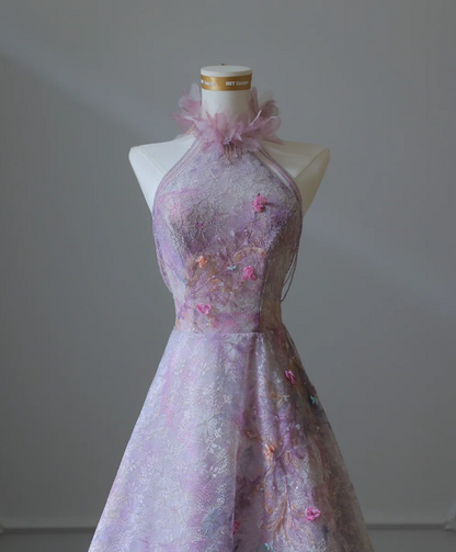 Fairytale Purple Lace Beaded Turtleneck A-Line Long Prom Dresses Formal Evening Gowns RF0661
