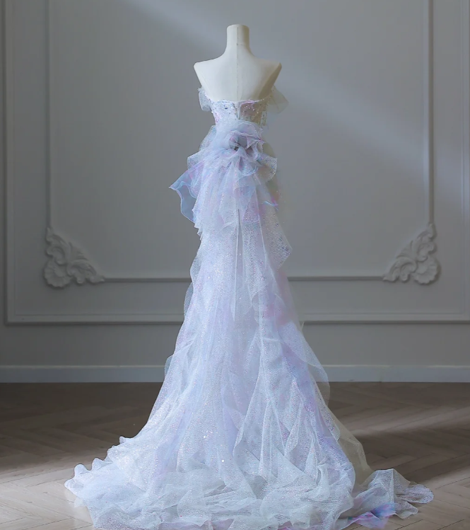 Gorgeous Purple Strapless Tulle Mermaid Sequin Long Prom Dresses Formal Evening Gowns RF0662
