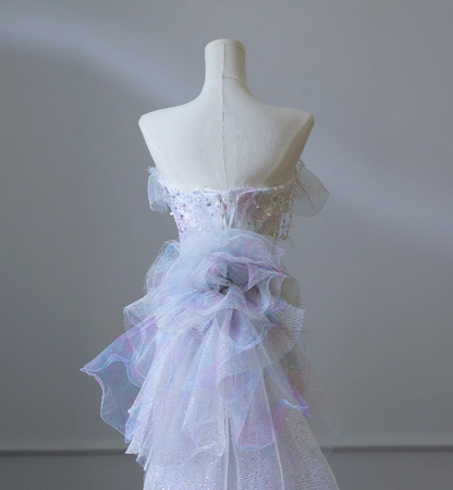 Gorgeous Purple Strapless Tulle Mermaid Sequin Long Prom Dresses Formal Evening Gowns RF0662