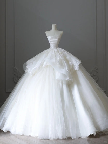 Beautiful White Strapless A-Line Tulle Lace Long Wedding Dresses RF0664