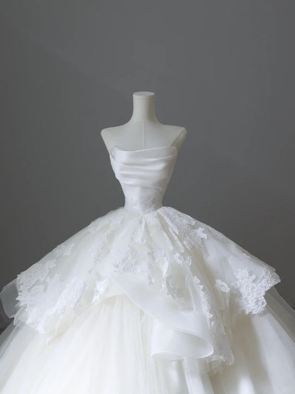 Beautiful White Strapless A-Line Tulle Lace Long Wedding Dresses RF0664