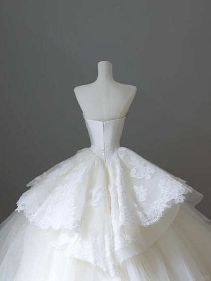 Beautiful White Strapless A-Line Tulle Lace Long Wedding Dresses RF0664