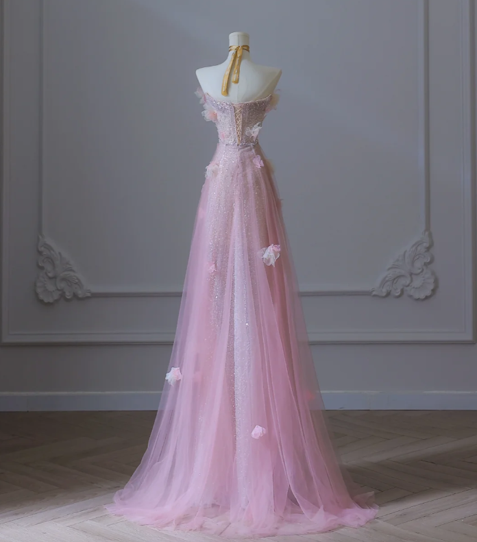 Sweet Pink Strapless A-Line Tulle Appliques Long Prom Dresses Formal Evening Gowns RF0665