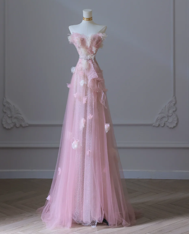 Sweet Pink Strapless A-Line Tulle Appliques Long Prom Dresses Formal Evening Gowns RF0665