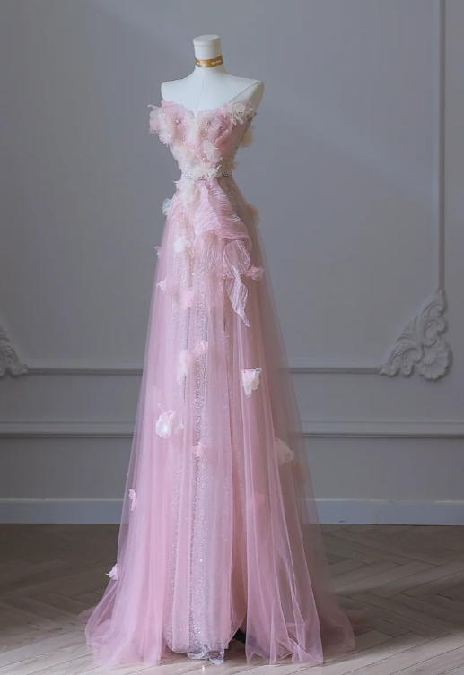 Sweet Pink Strapless A-Line Tulle Appliques Long Prom Dresses Formal Evening Gowns RF0665
