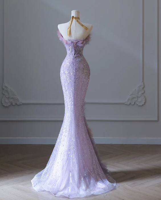 Stunning Purple Strapless Mermaid Sequined Tulle Appliques Long Prom Dresses Formal Evening Gowns RF0667