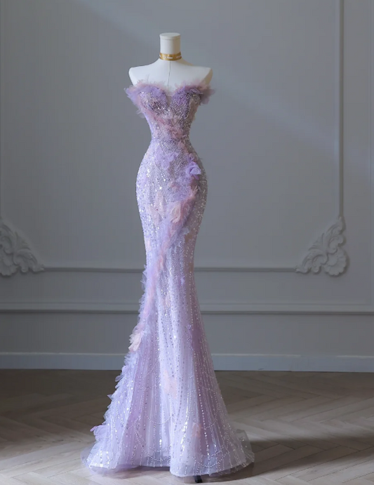 Stunning Purple Strapless Mermaid Sequined Tulle Appliques Long Prom Dresses Formal Evening Gowns RF0667
