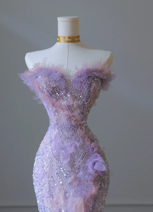 Stunning Purple Strapless Mermaid Sequined Tulle Appliques Long Prom Dresses Formal Evening Gowns RF0667