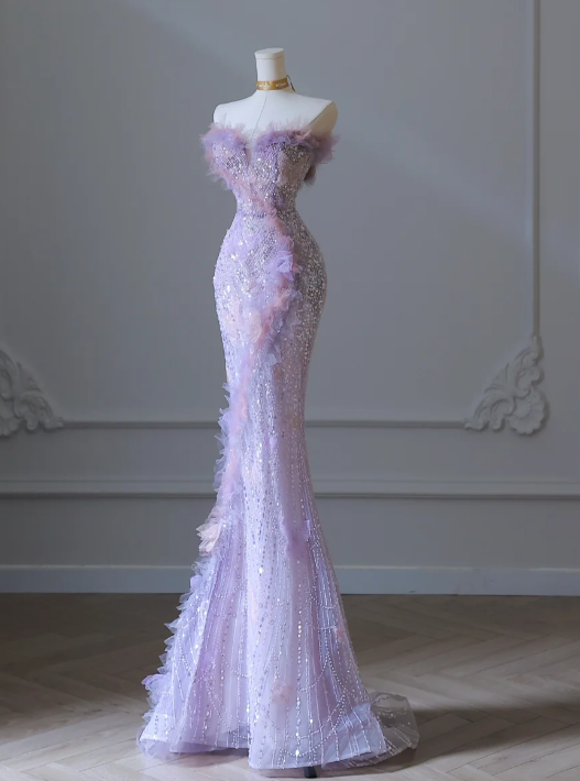 Stunning Purple Strapless Mermaid Sequined Tulle Appliques Long Prom Dresses Formal Evening Gowns RF0667