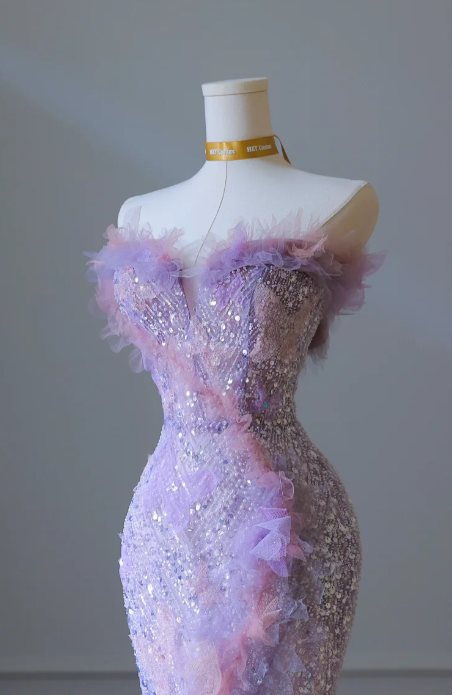 Stunning Purple Strapless Mermaid Sequined Tulle Appliques Long Prom Dresses Formal Evening Gowns RF0667