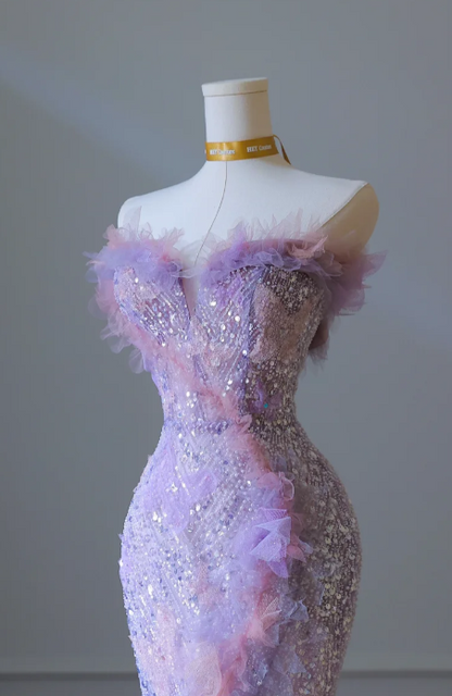 Stunning Purple Strapless Mermaid Sequined Tulle Appliques Long Prom Dresses Formal Evening Gowns RF0667