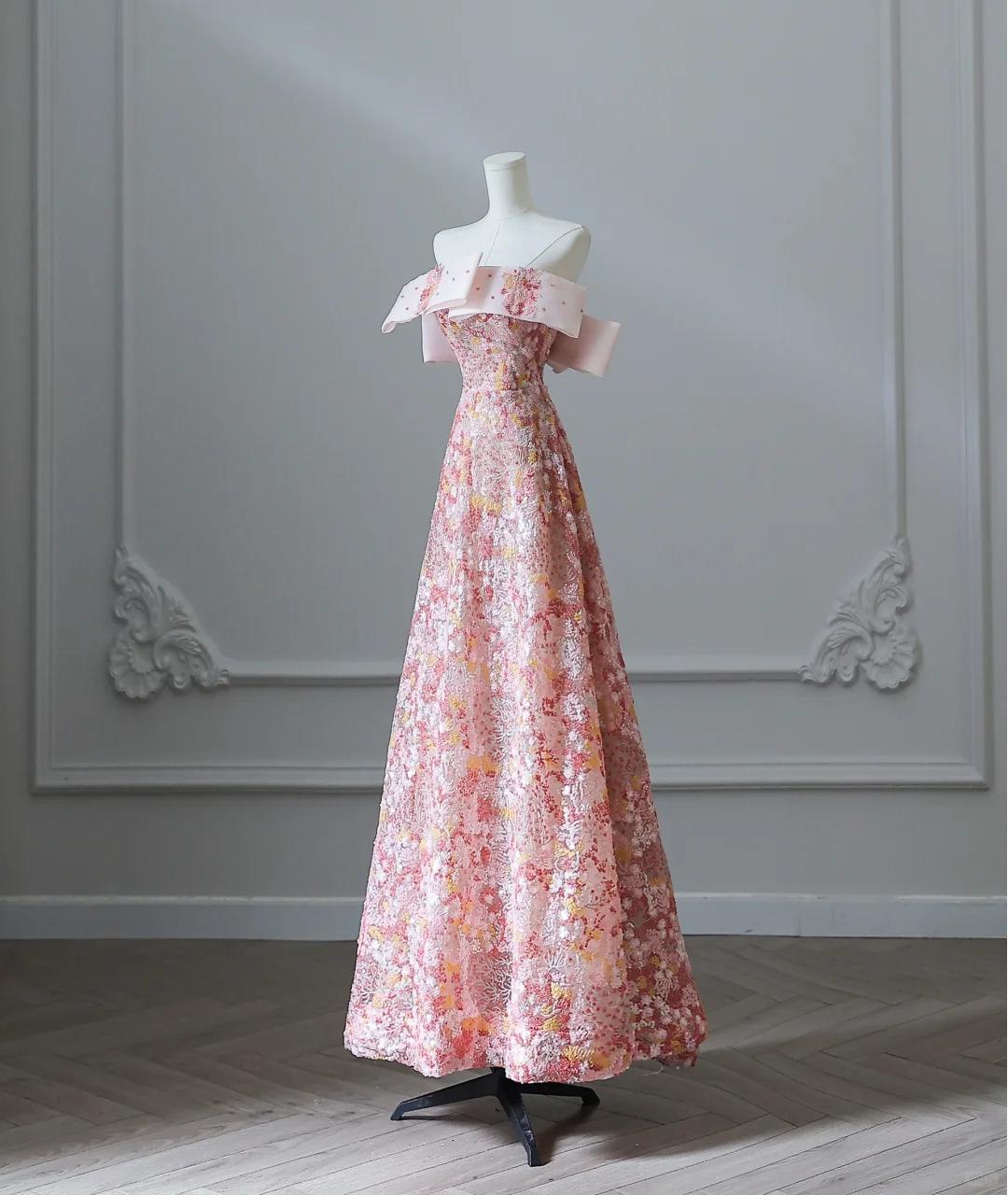 Sweet Pink Strapless A-line Tulle Sequin Long Porm Dresses Formal Evening Gowns RF0668