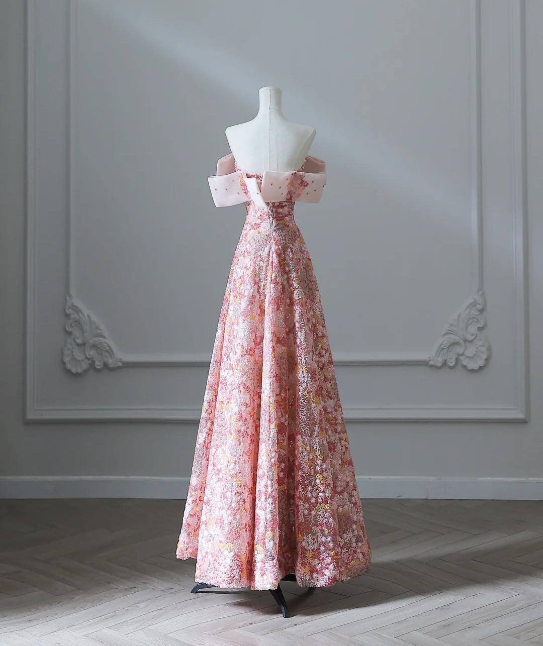 Sweet Pink Strapless A-line Tulle Sequin Long Porm Dresses Formal Evening Gowns RF0668