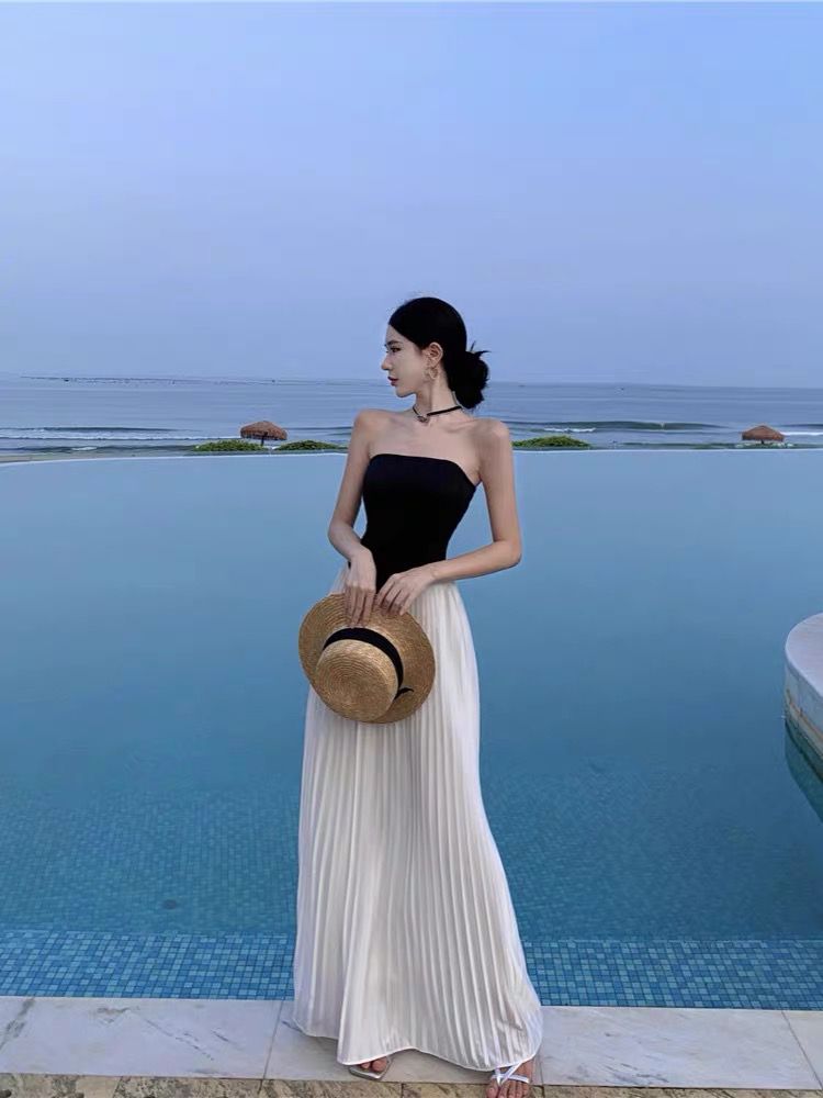 Elegant Hepburn Style Strapless Black Summer Maxi Dress RF0669