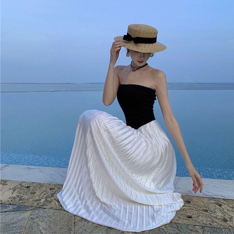 Elegant Hepburn Style Strapless Black Summer Maxi Dress RF0669