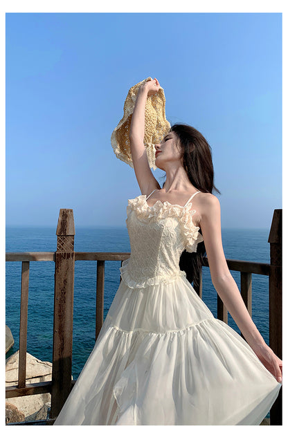 French Elegant Straps White Summer Maxi Dress RF0670
