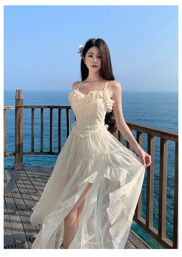 French Elegant Straps White Summer Maxi Dress RF0670